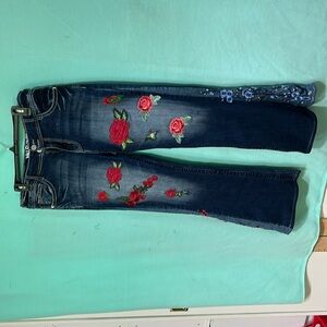 Wallflower Dark Blue Floral Embroidered Wide Leg Jeans